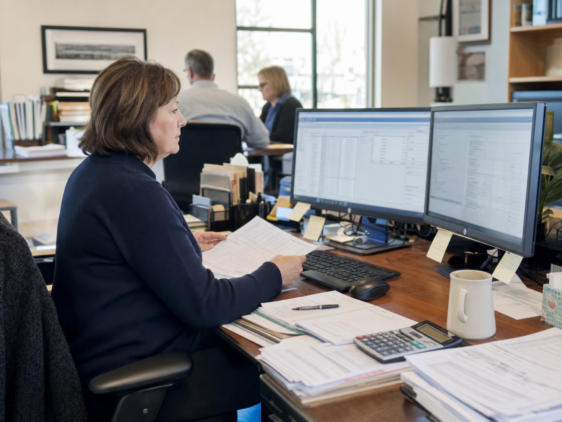 Accountant reviewing client documents on two monitors in a busy office