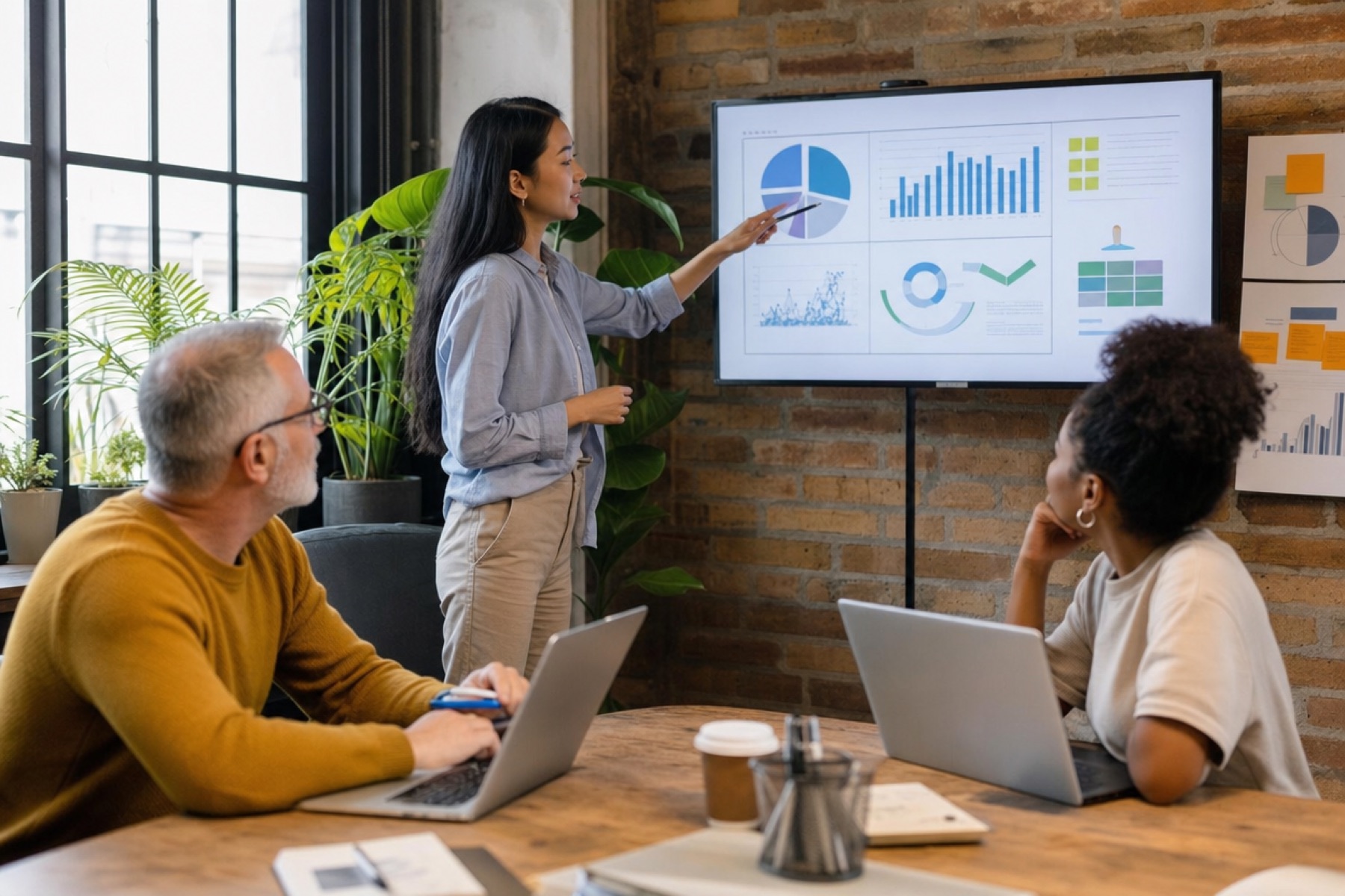 Small marketing agency team reviewing client dashboards on a wall screen
