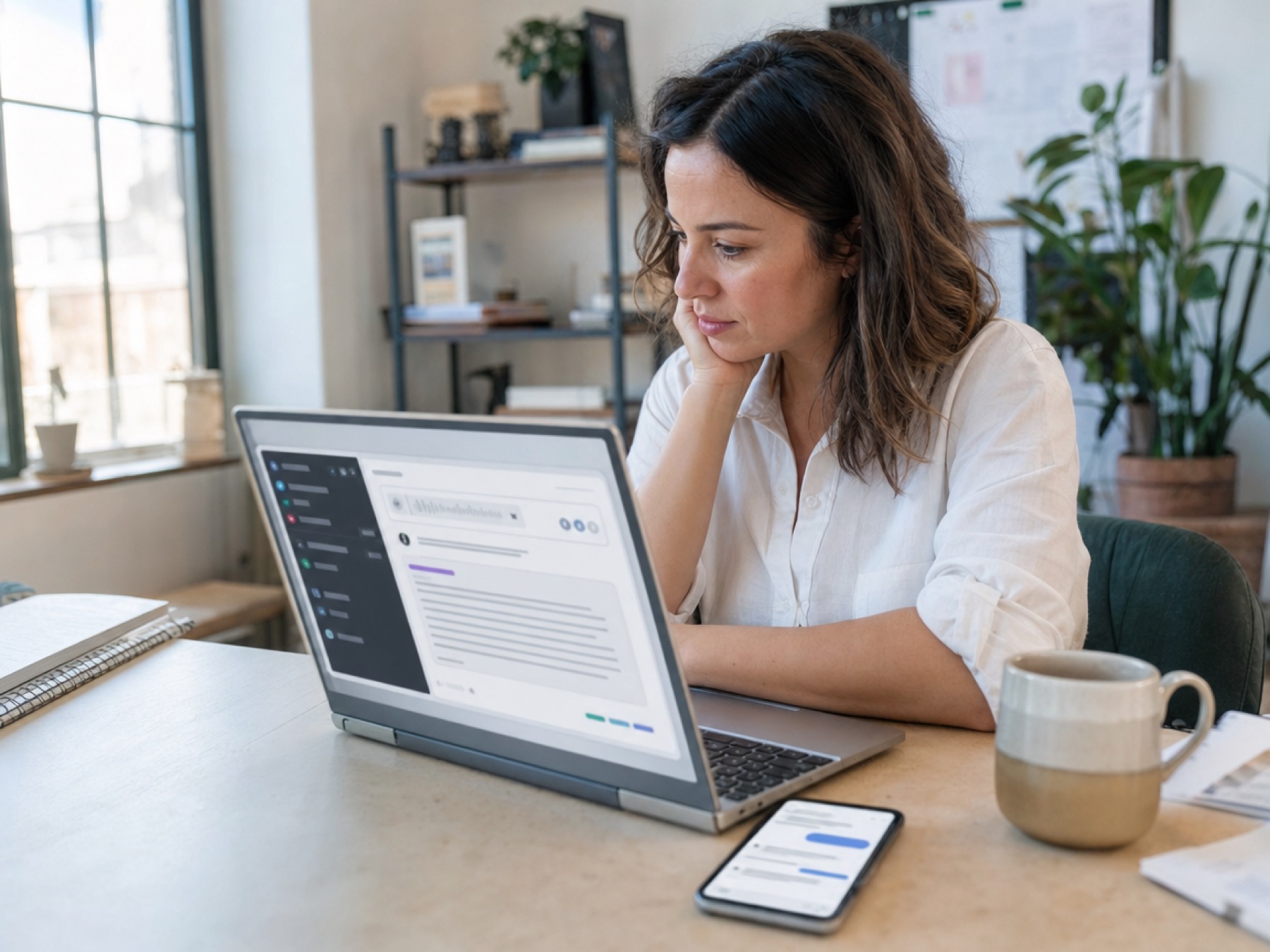 Business owner reviewing an AI call summary on a laptop with a text thread on her phone