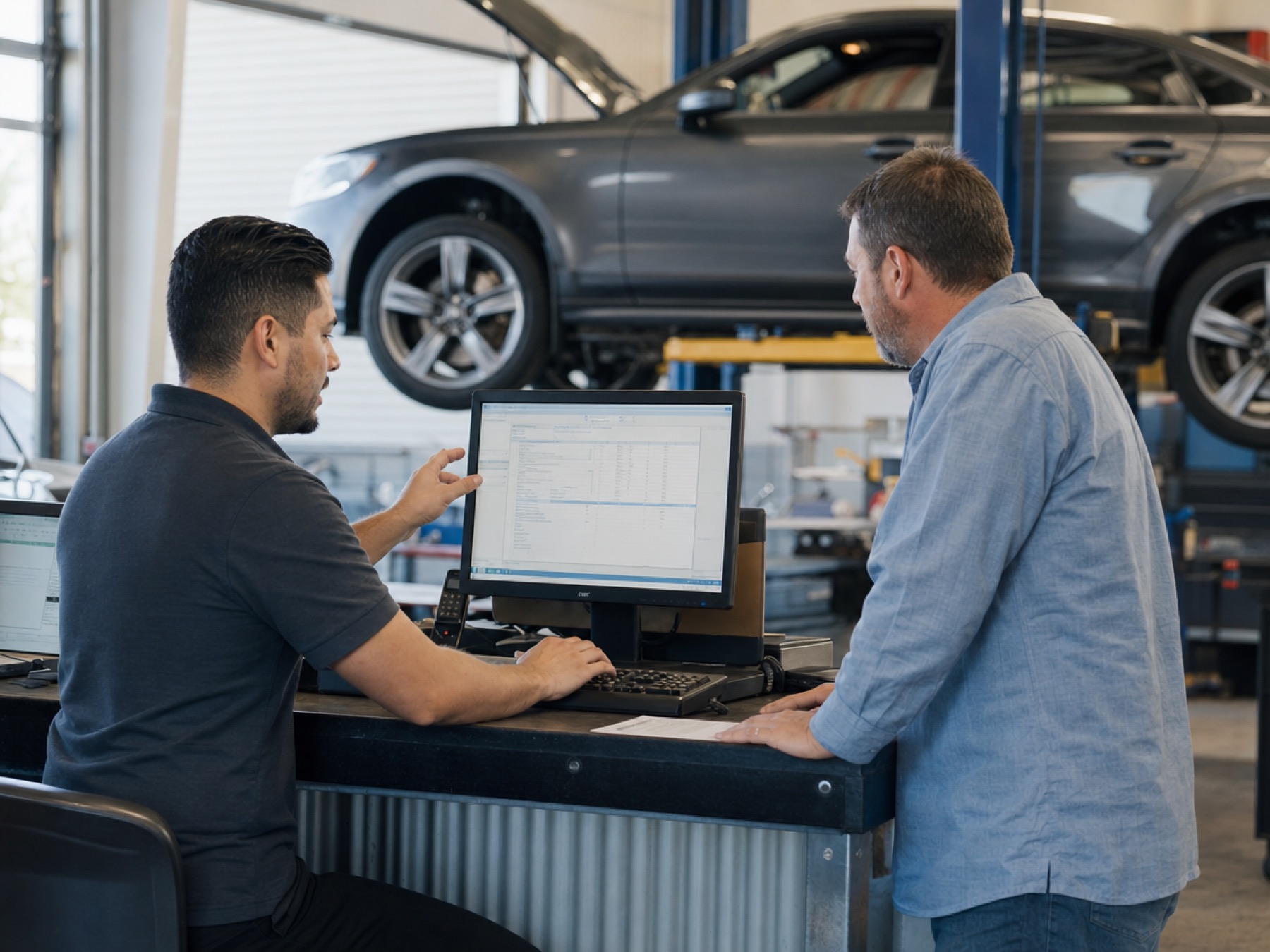 Service advisor reviewing a repair estimate with a customer