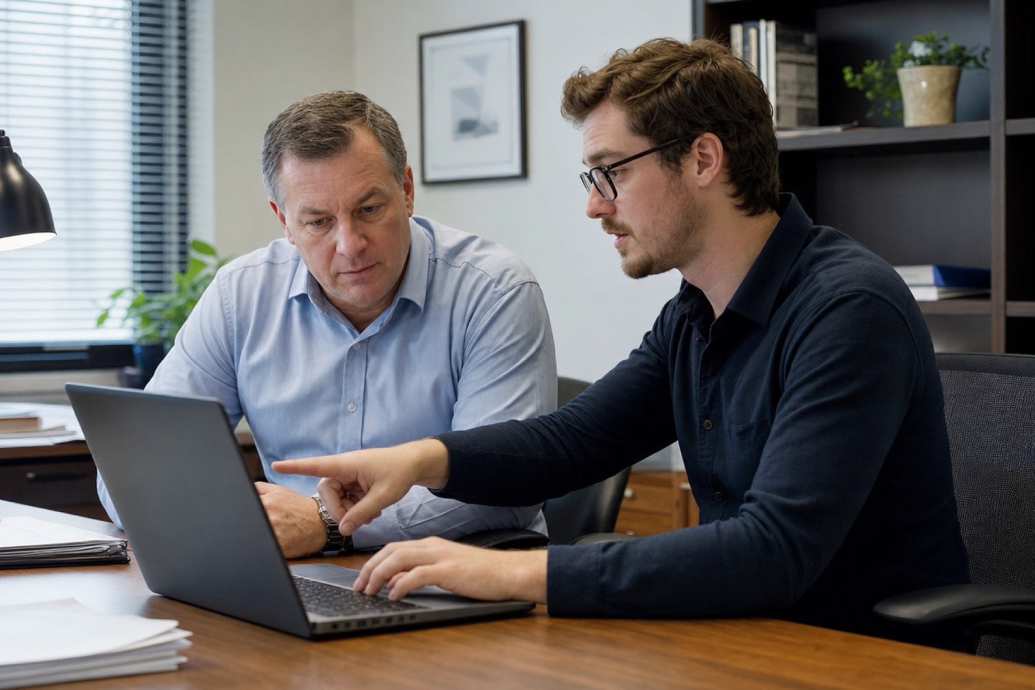 Accounting firm partner and IT admin reviewing CRM security settings together at an office desk