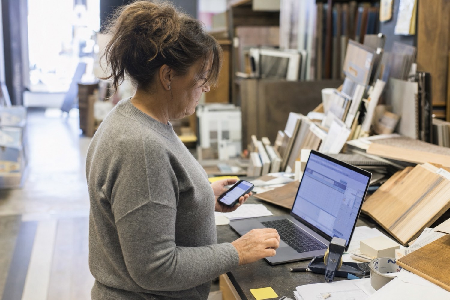 Small shop owner at her counter checking a phone and laptop while handling customer messages