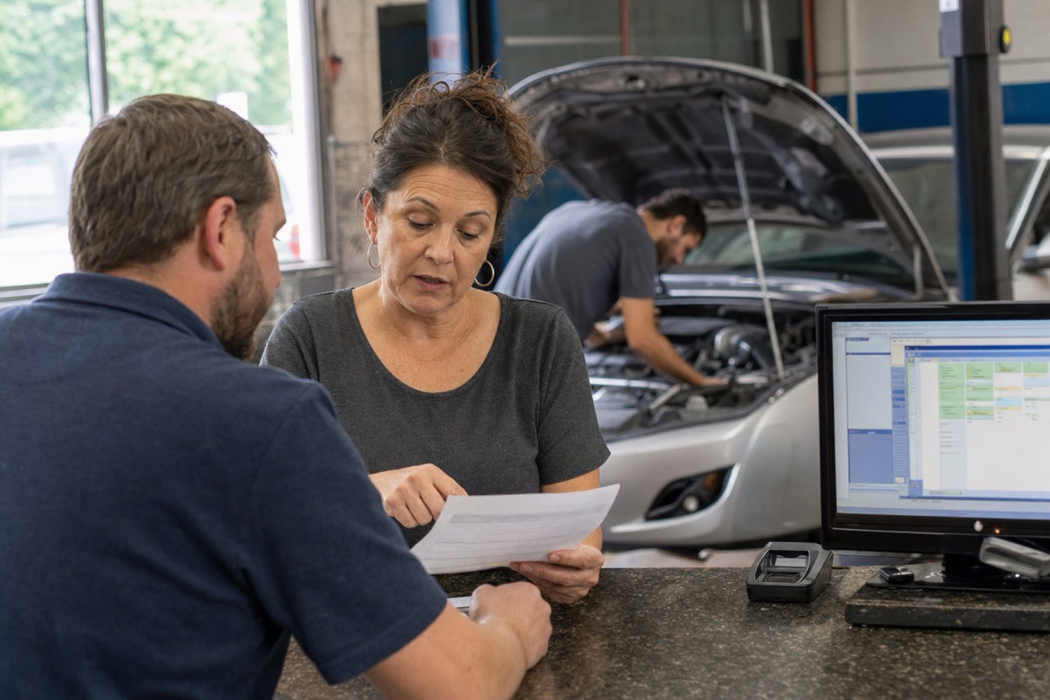 Service advisor at an auto repair shop counter reviewing a printed repair estimate with a customer