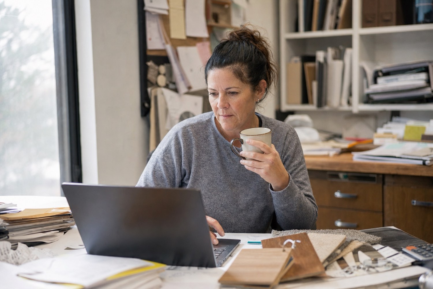 Small business owner reviewing a customer follow-up spreadsheet on a laptop at her office desk
