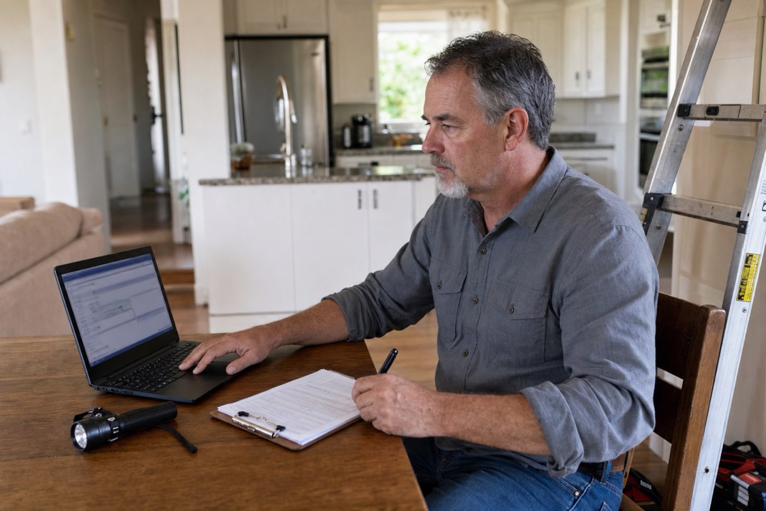 Home inspector at a kitchen table reviewing invoices on a laptop with a clipboard and flashlight beside him