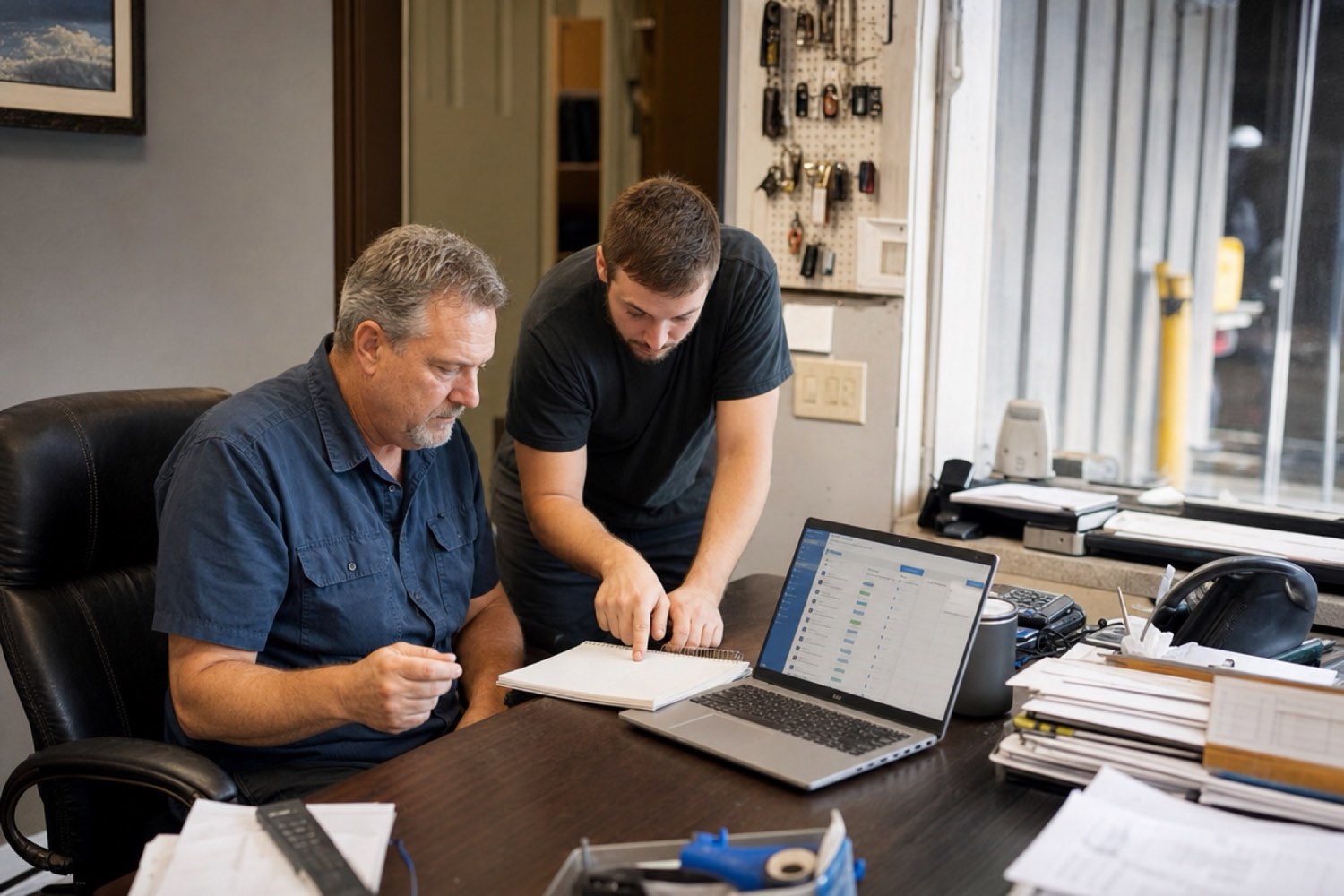 Two small business coworkers reviewing a customer pipeline on a laptop in a small shop office