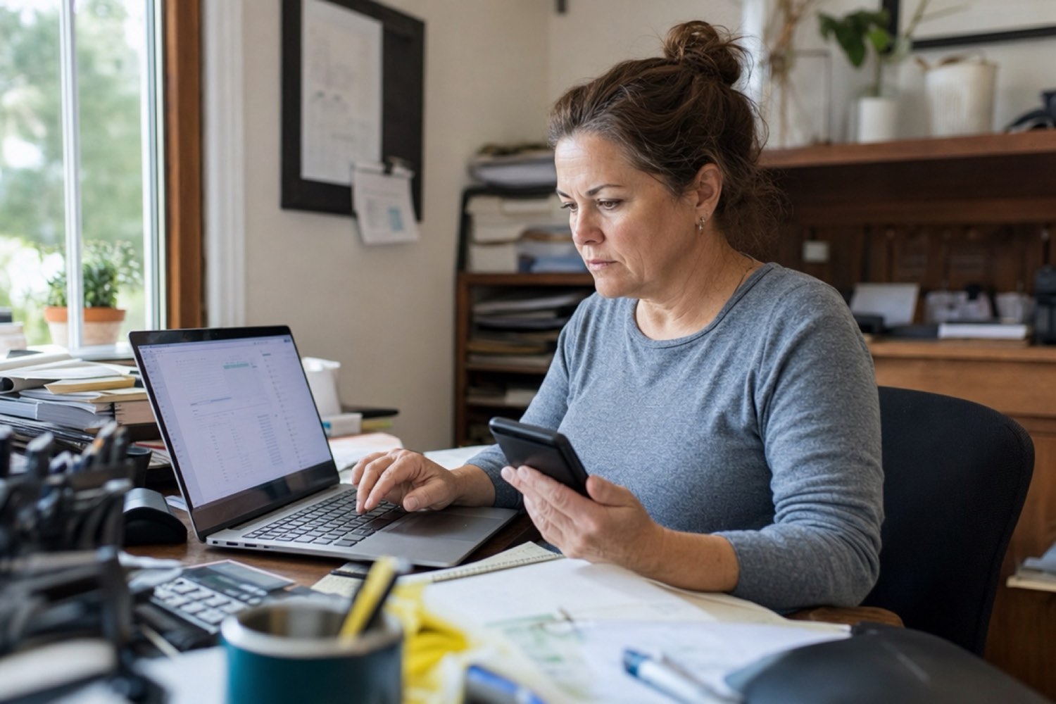 Small business owner at a desk using a phone and laptop to set up a business phone line