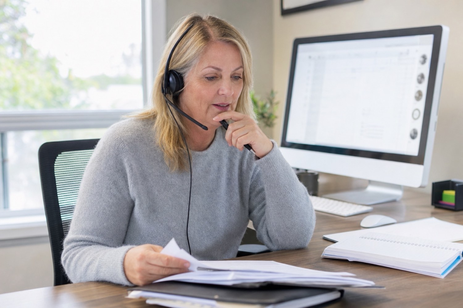 Mortgage broker on a headset call at her desk with a loan file and notepad