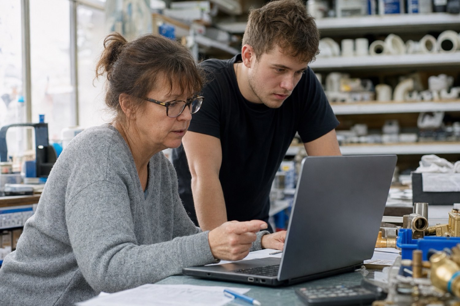 Small shop owner and coworker reviewing a customer pipeline on a laptop at a store counter