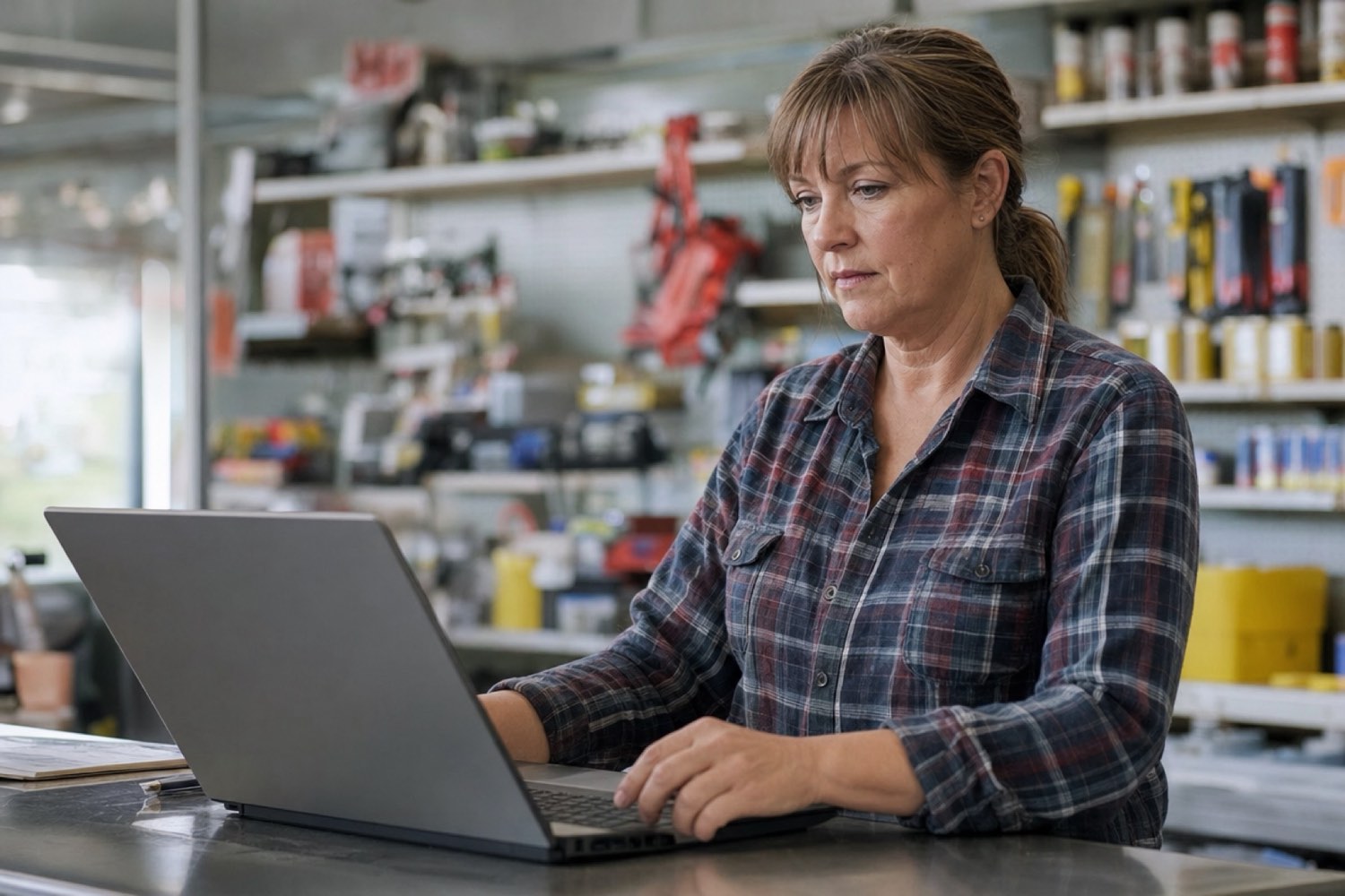 Small hardware store owner reviewing customer records on a laptop at her shop counter