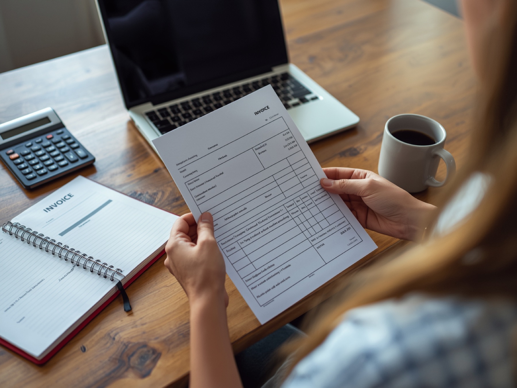 Business owner checking a printed invoice at her desk