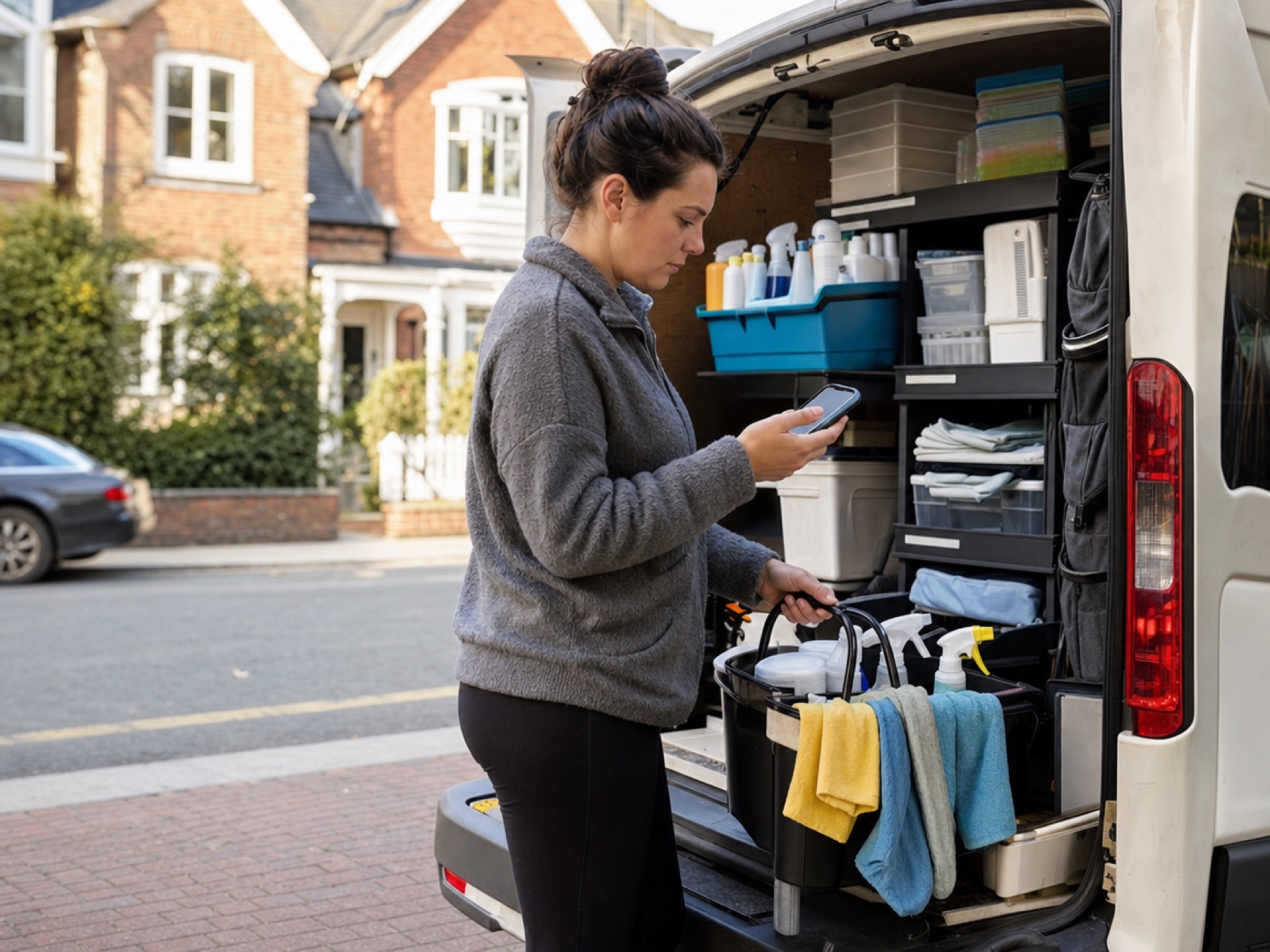 Cleaning business owner loading supplies and checking the schedule