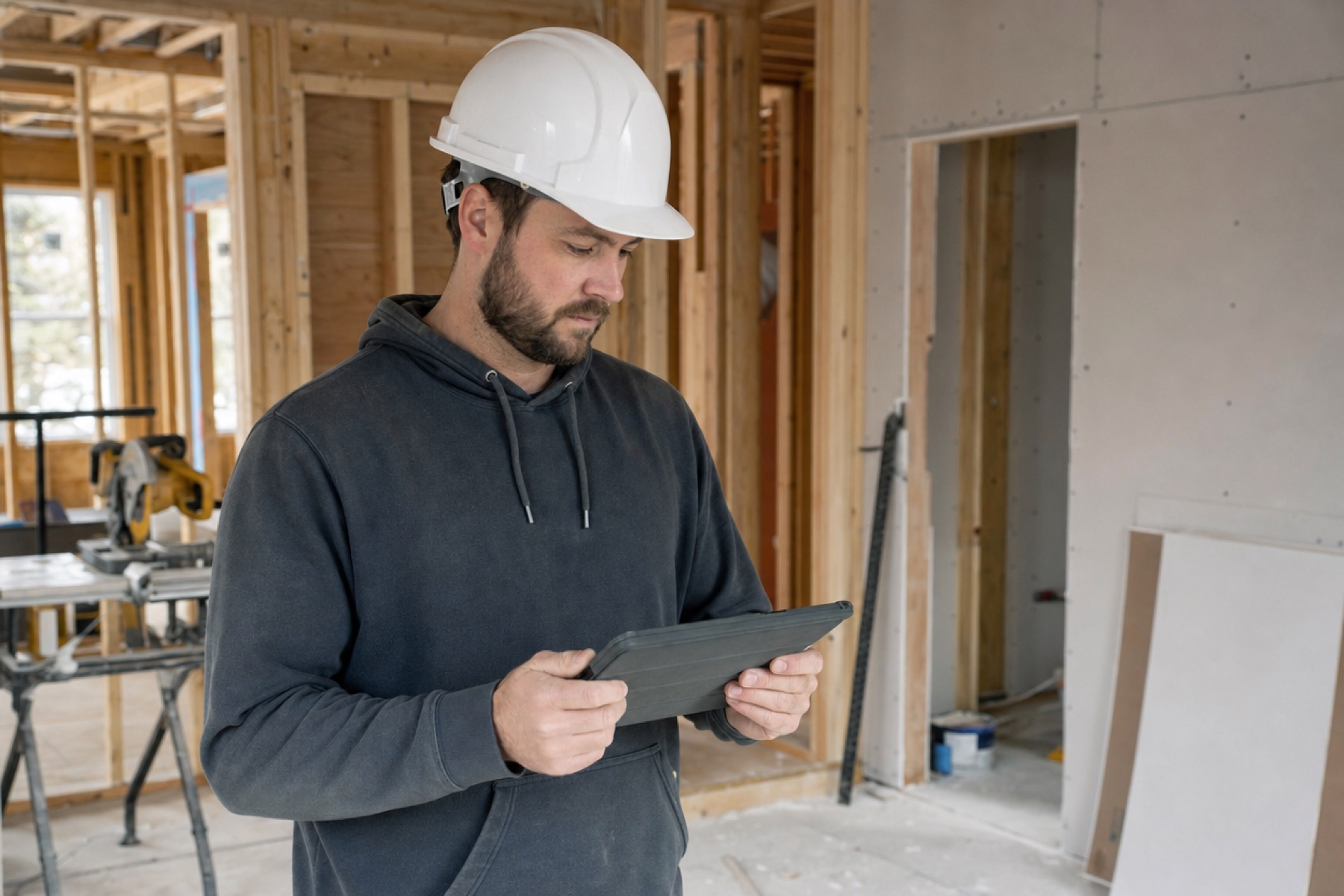 General contractor reviewing a job schedule on a tablet at a remodel site
