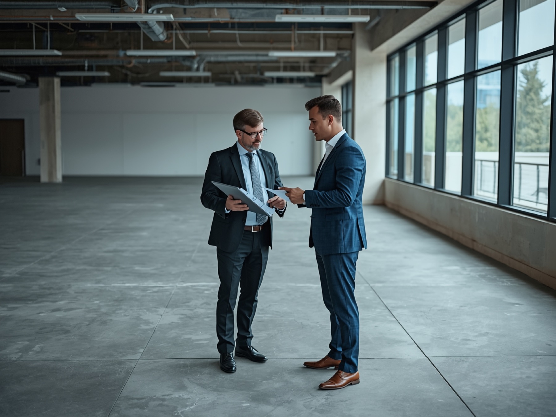 Commercial real estate broker showing a client an empty office space for lease