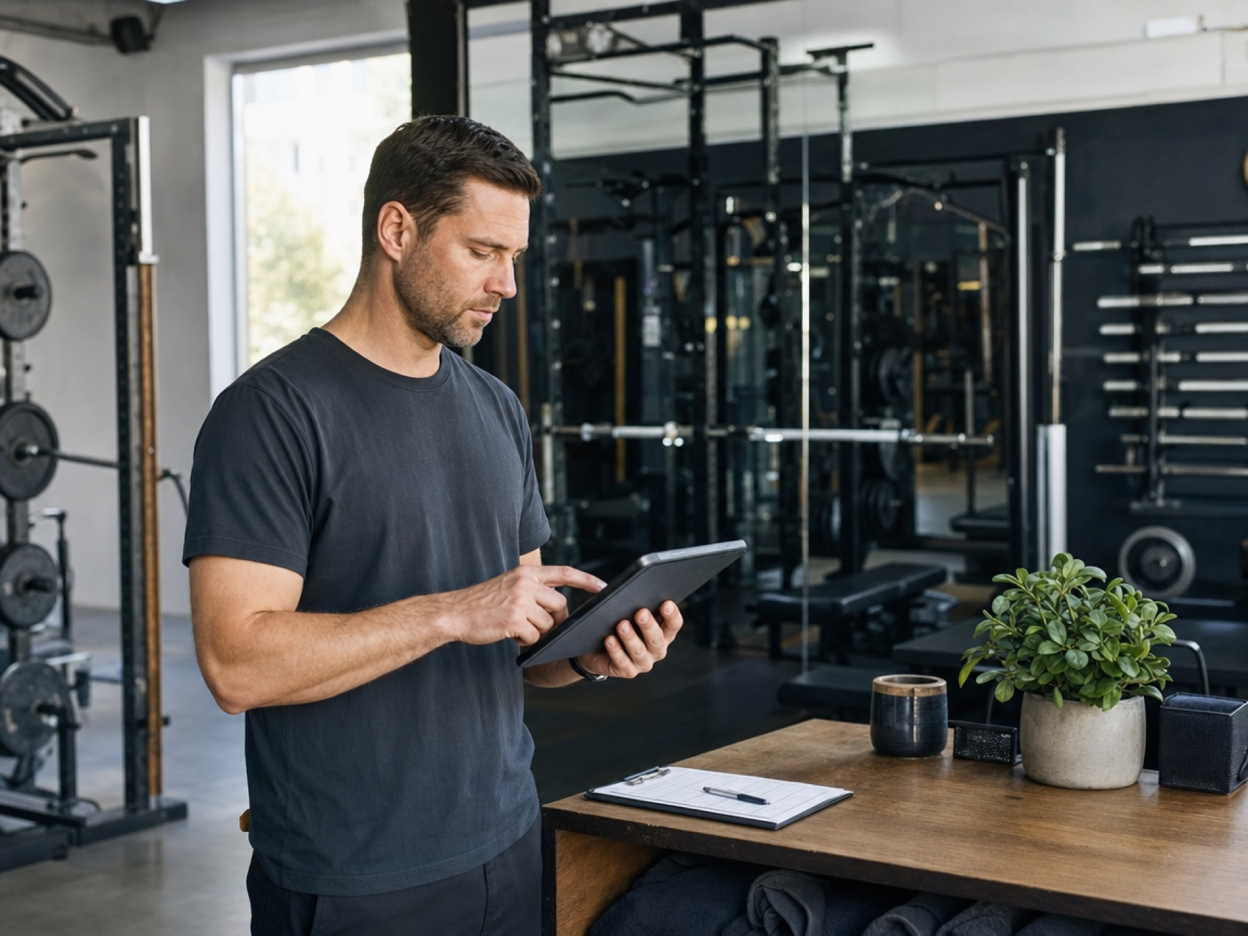 Gym owner checking member check-ins on a tablet at the front desk