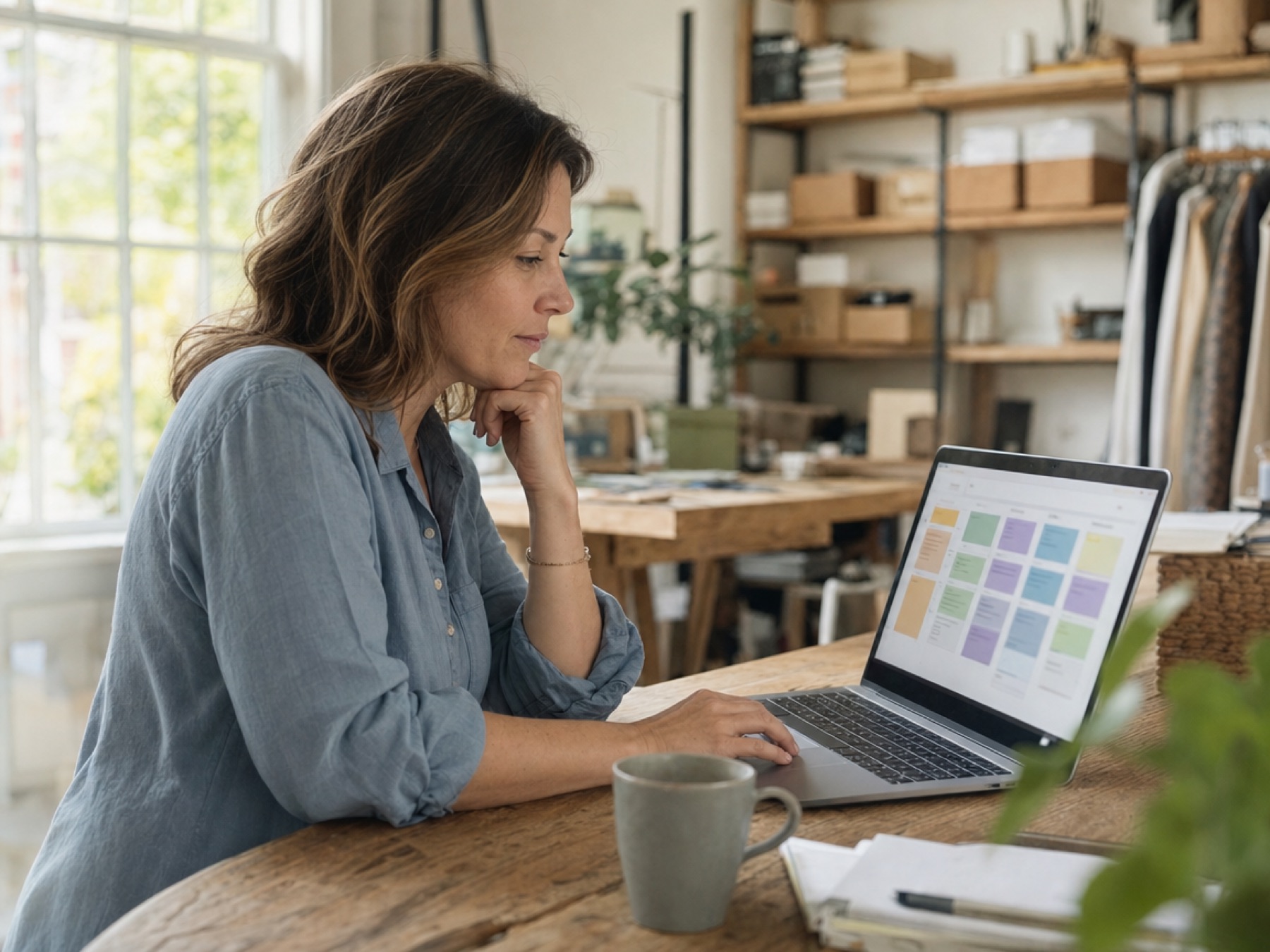 Small business owner reviewing a sales pipeline board on a laptop in her workshop office