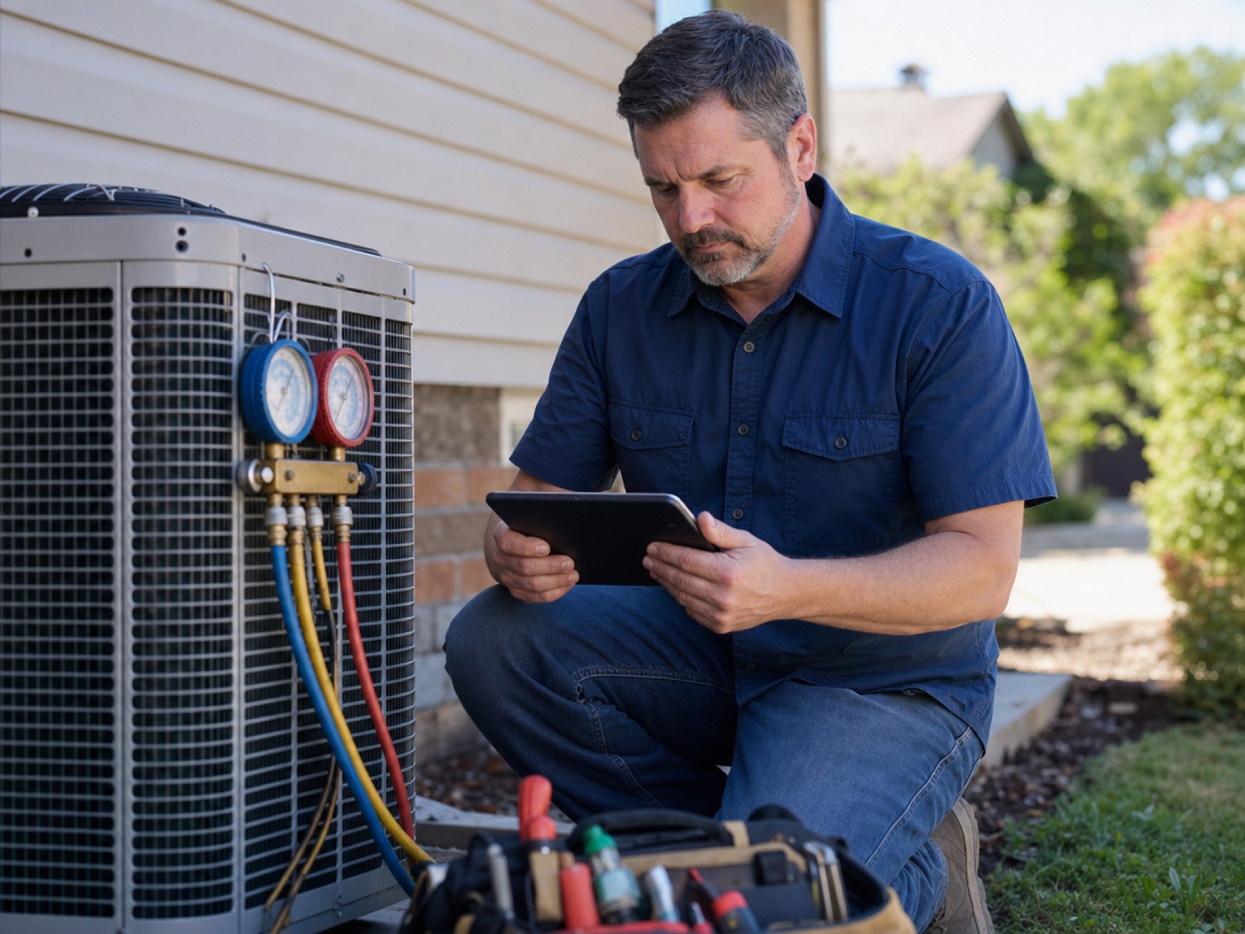 HVAC technician checking readings on a tablet beside an outdoor condenser