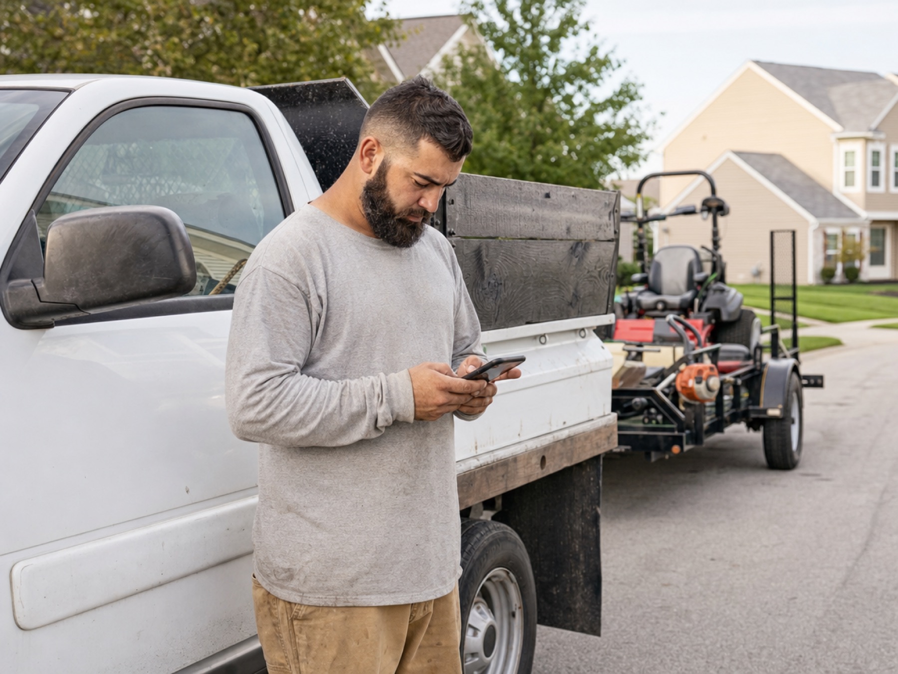 Landscaping crew lead checking the day's route beside a work truck