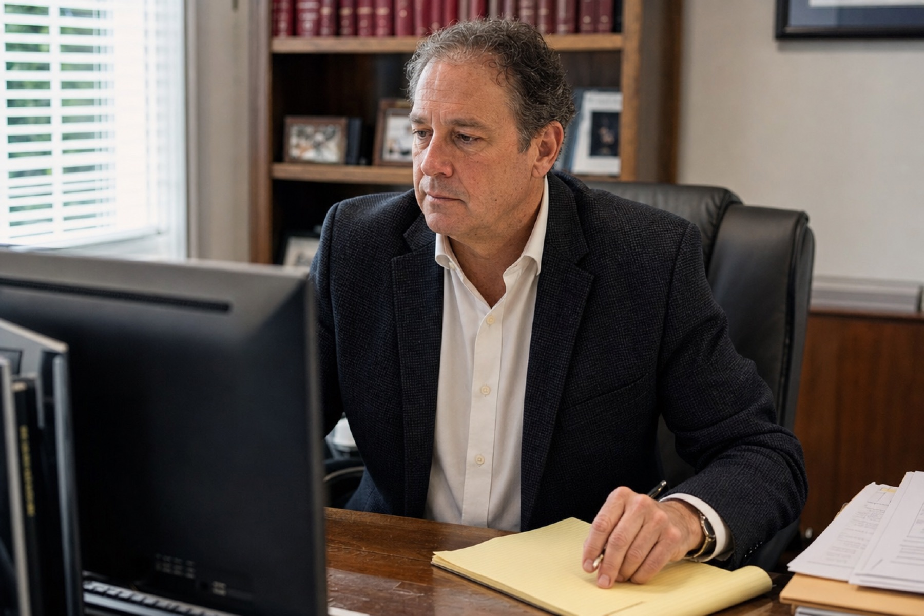 Attorney reviewing a client file at his desk