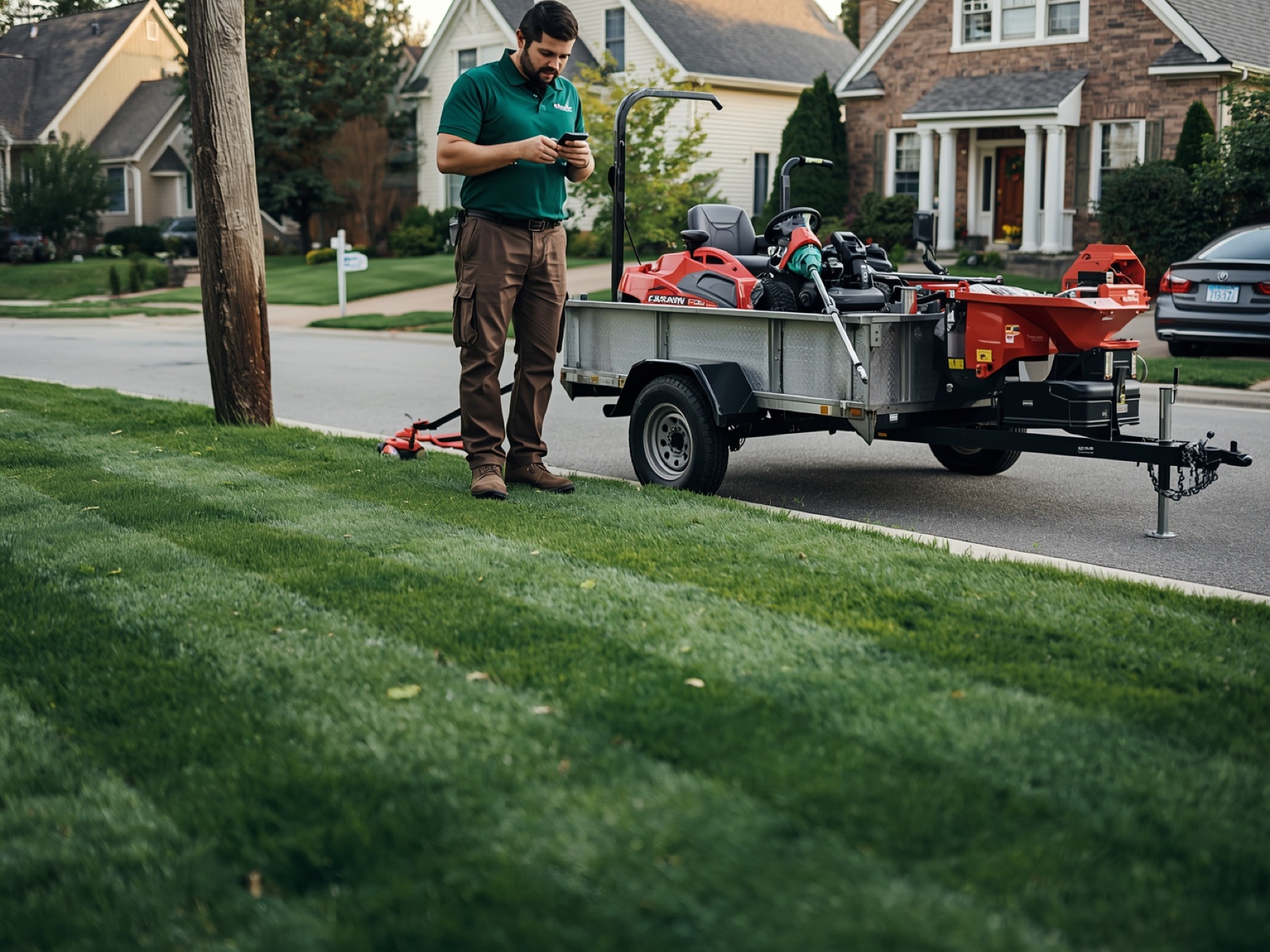 Lawn care owner checking his route beside a trailer with a zero-turn mower