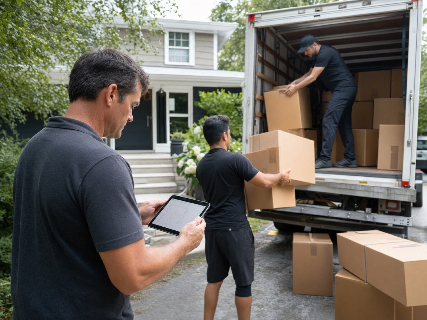 Moving crew loading a truck while the lead checks an inventory