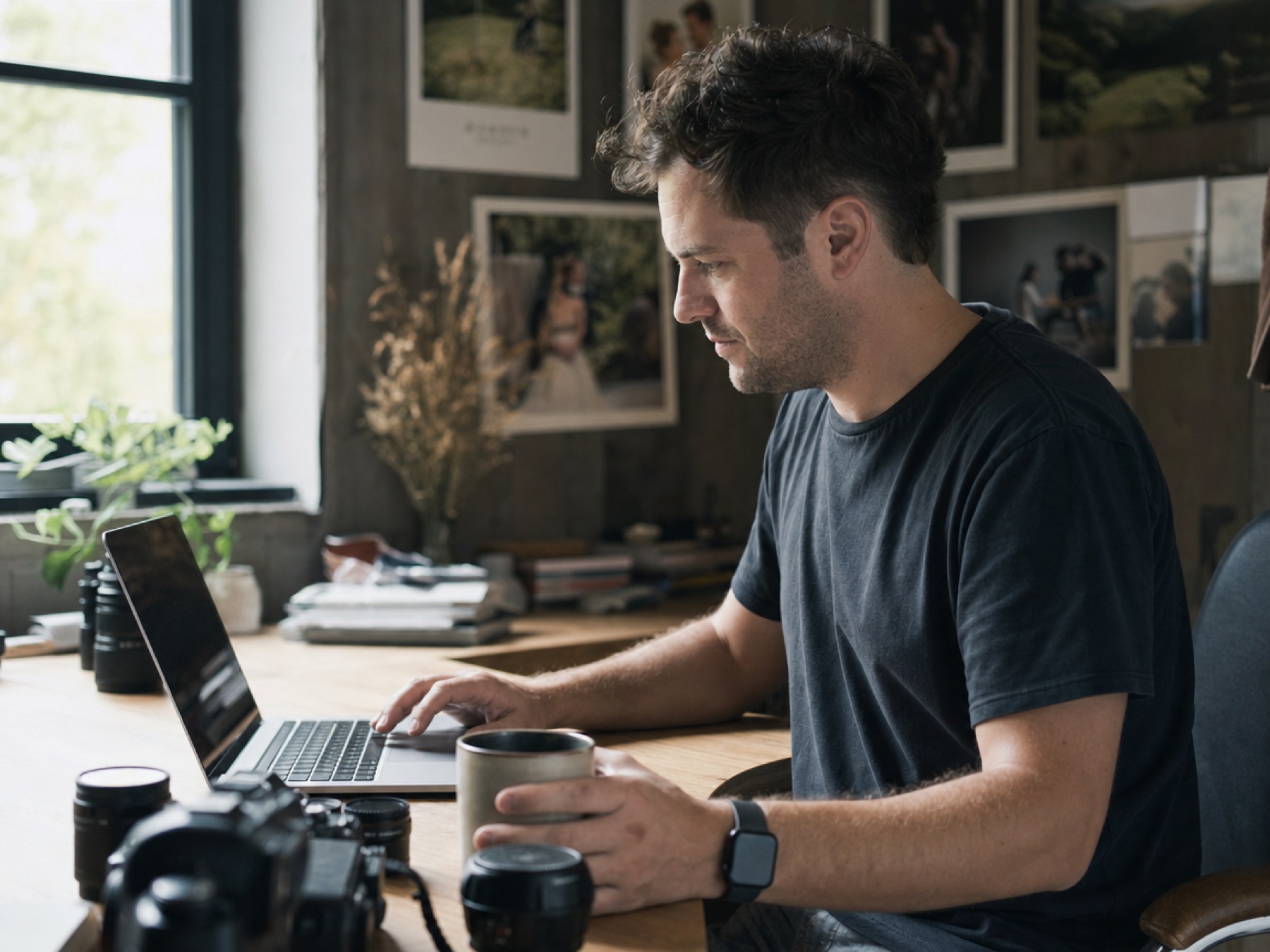 Photographer replying to a client inquiry at his studio desk