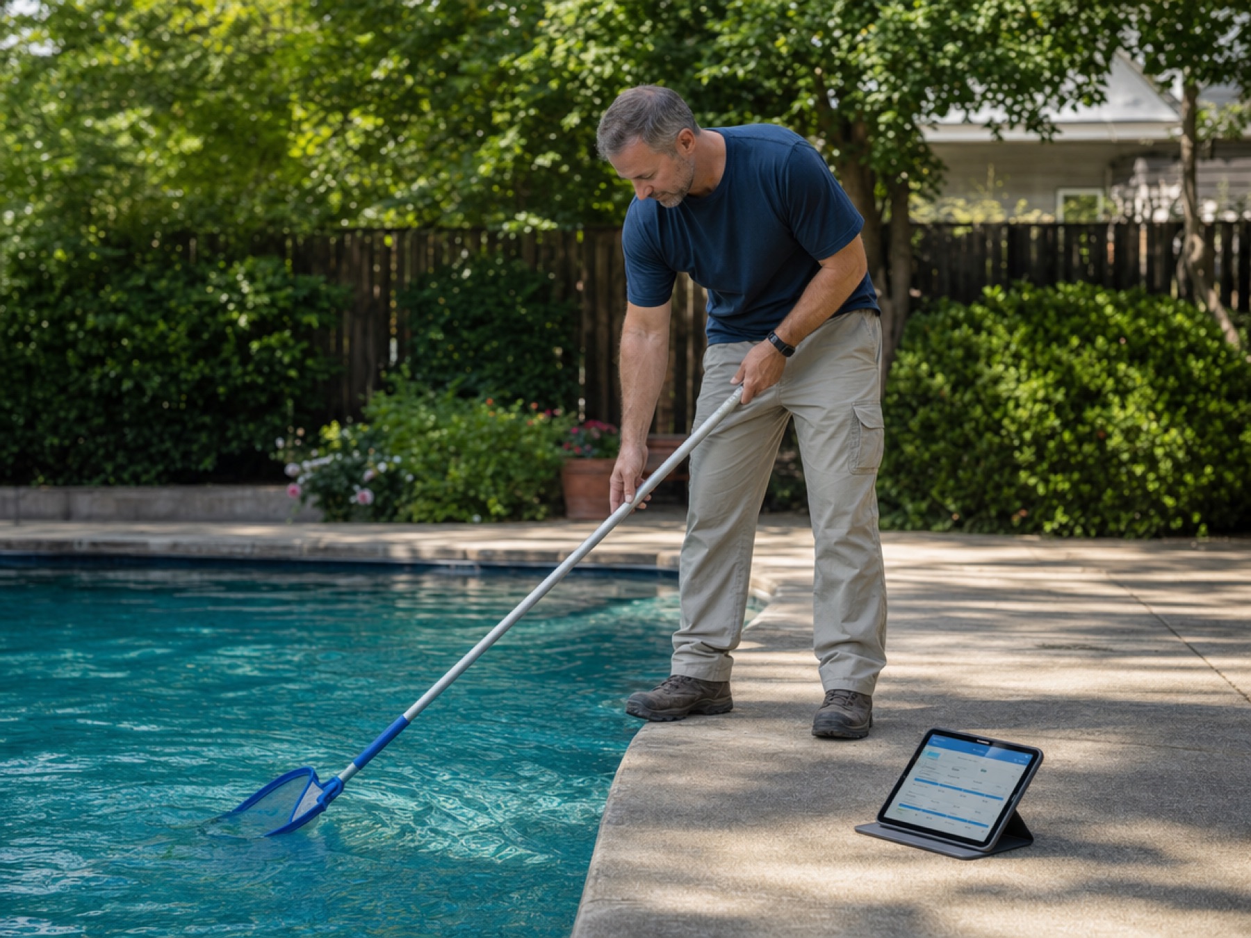 Pool technician skimming a backyard pool with a tablet nearby