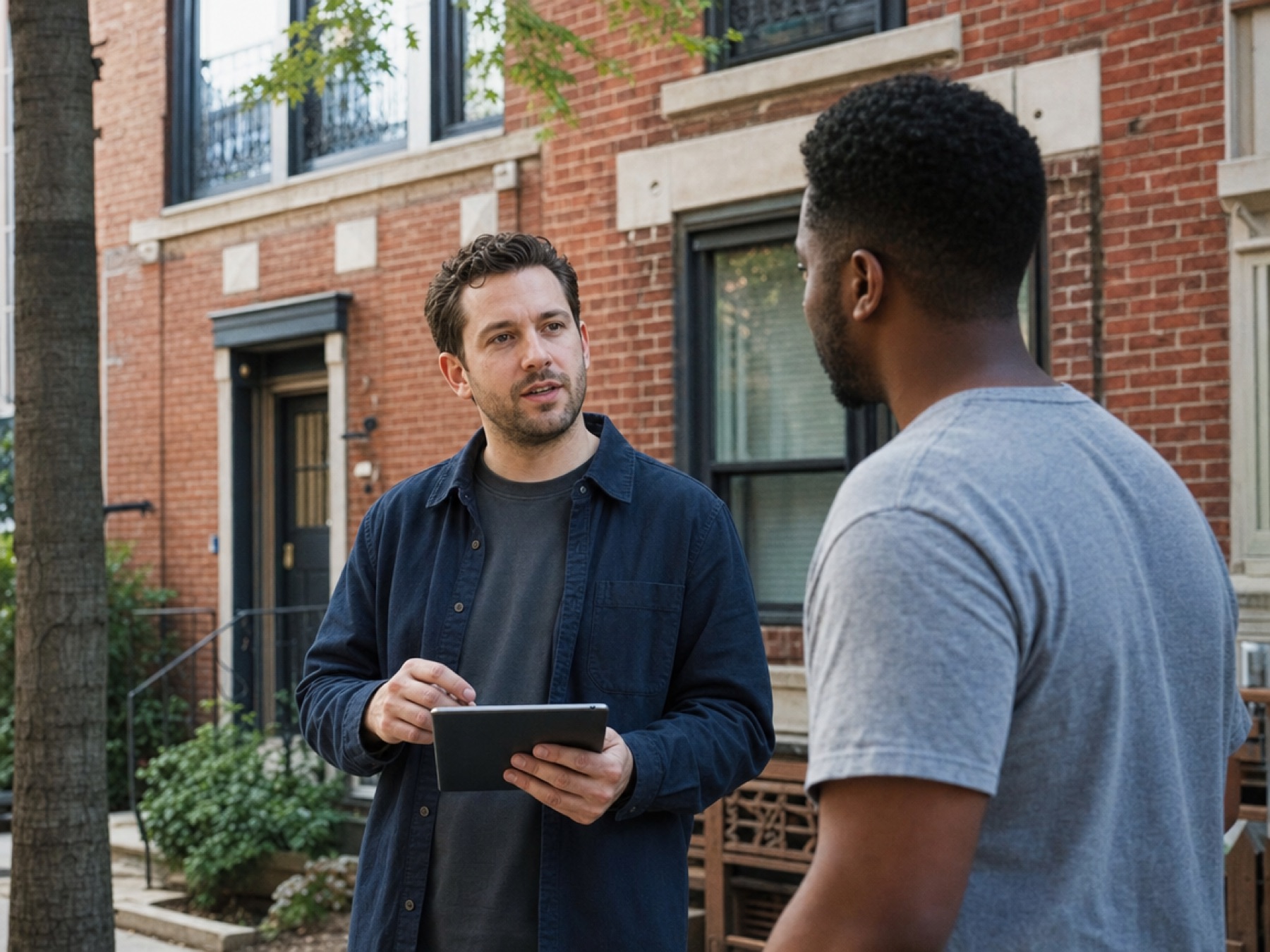 Property manager talking with a tenant outside an apartment building