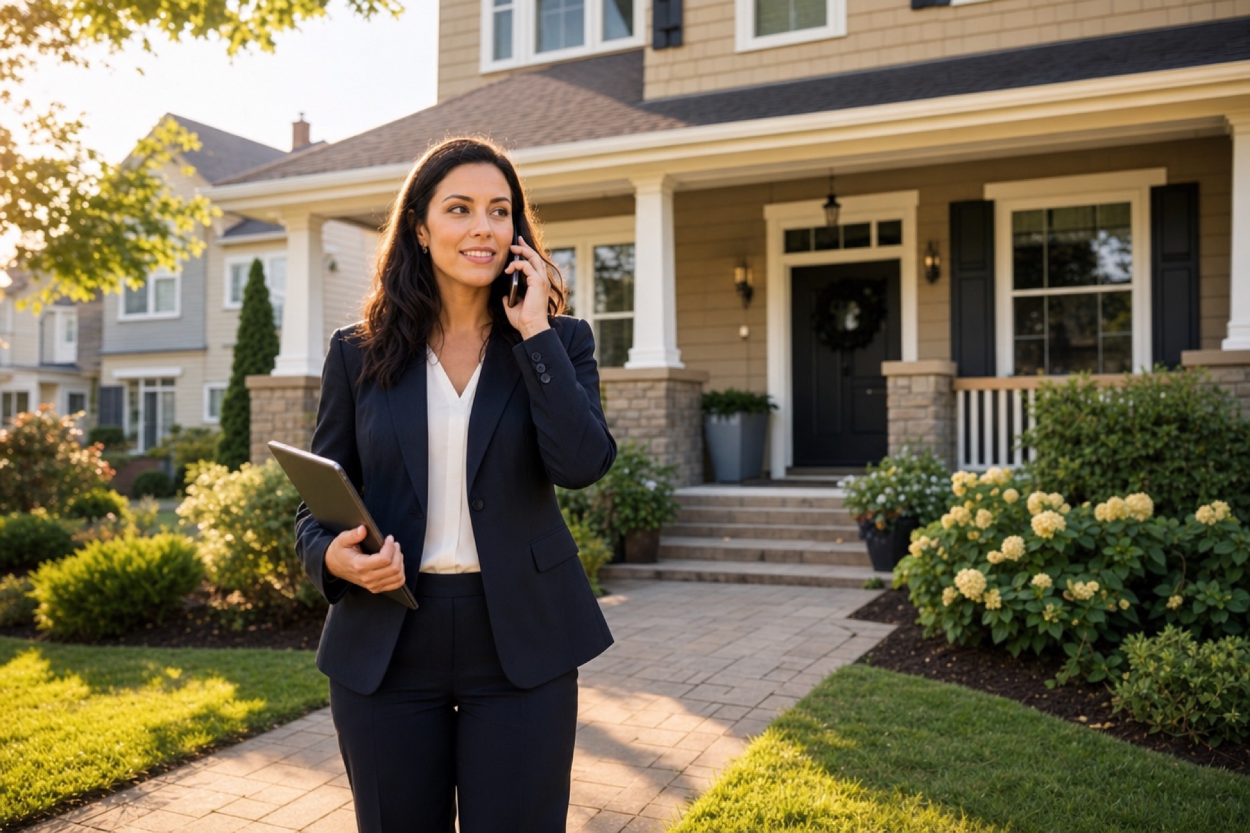 Real estate agent on the phone outside a family home