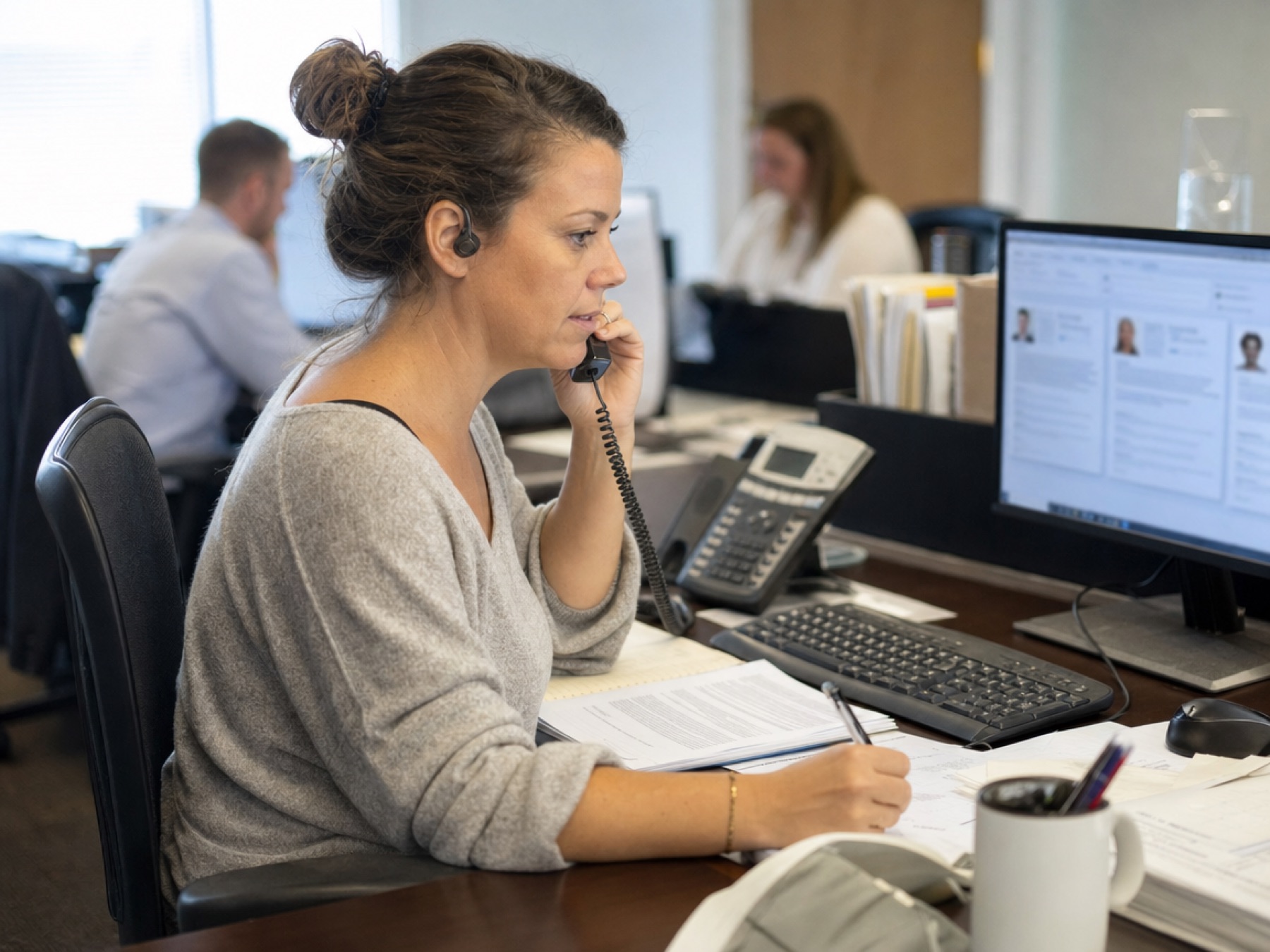 Recruiter on a headset call with candidate profiles open