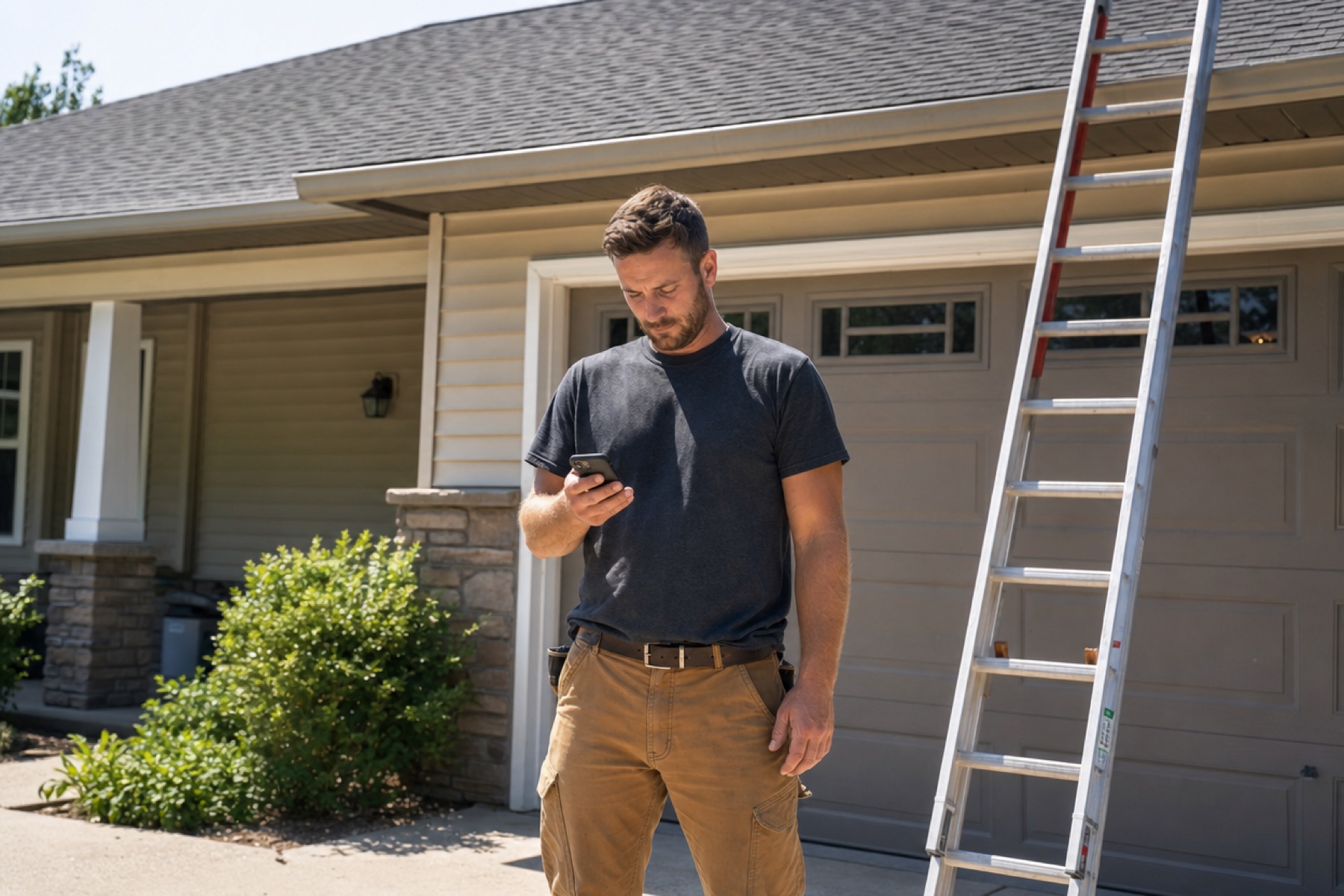 Roofer checking his phone in a driveway beside a ladder