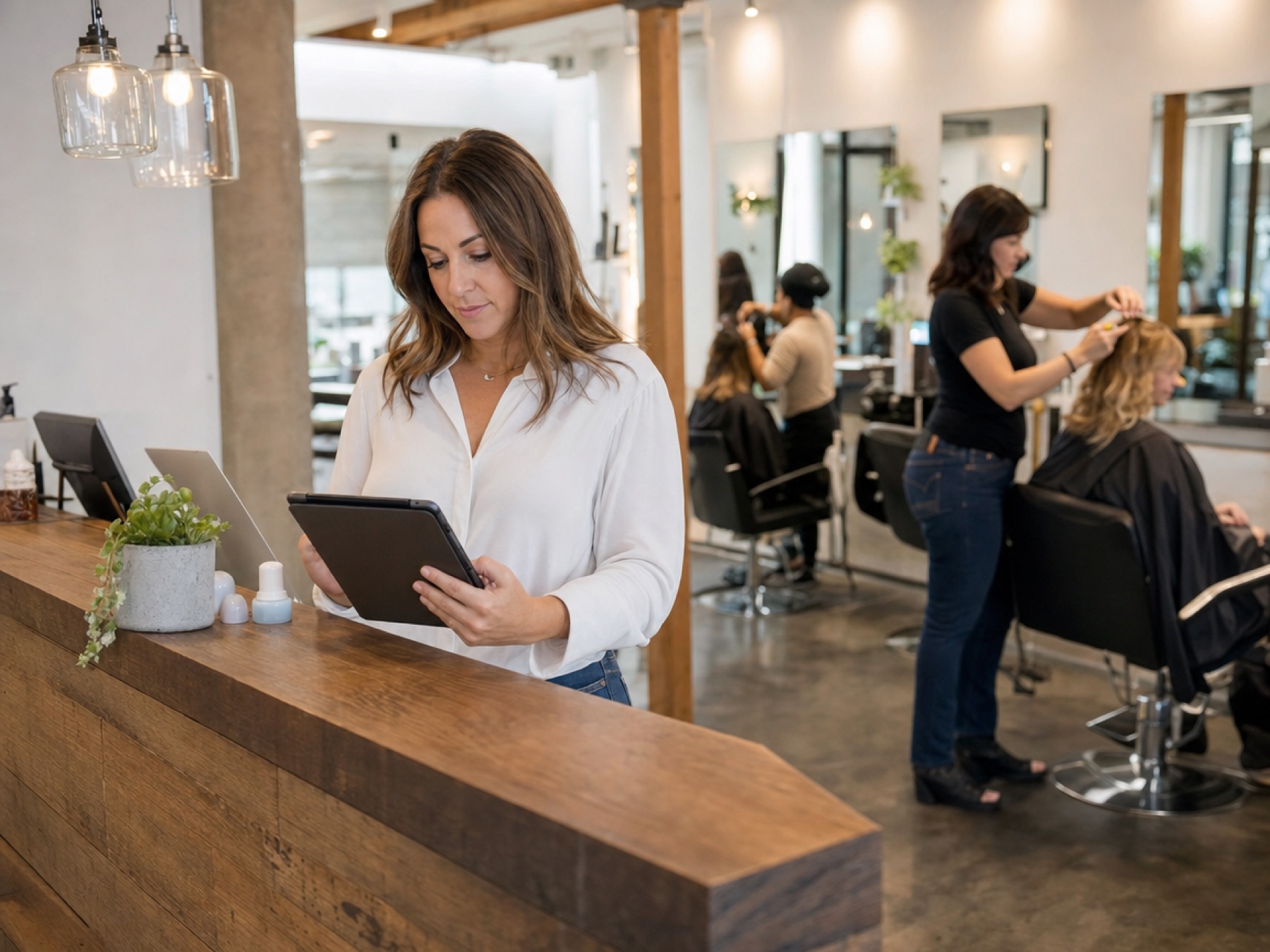 Salon owner checking appointments on a tablet at the front desk