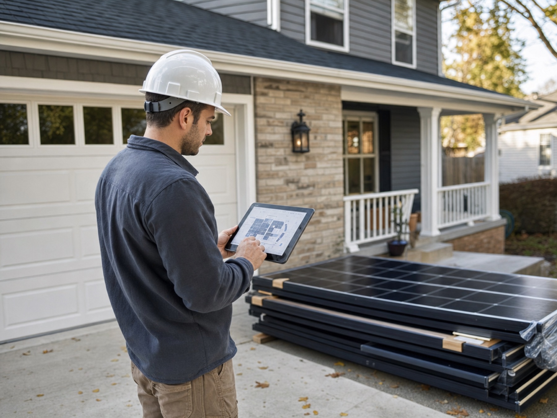 Solar installer reviewing a roof layout on a tablet