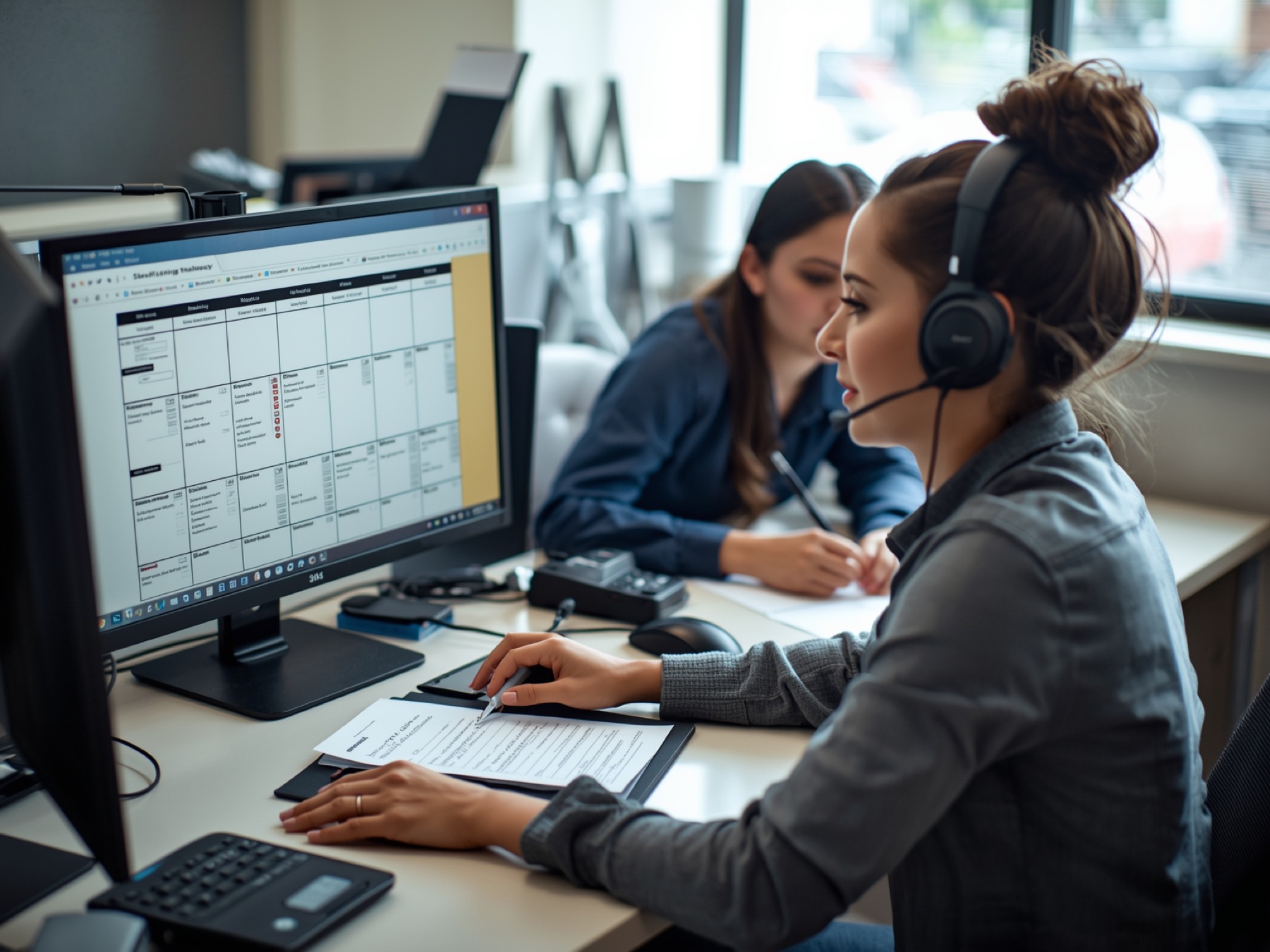 Staffing coordinator on a headset with a shift schedule on her screen